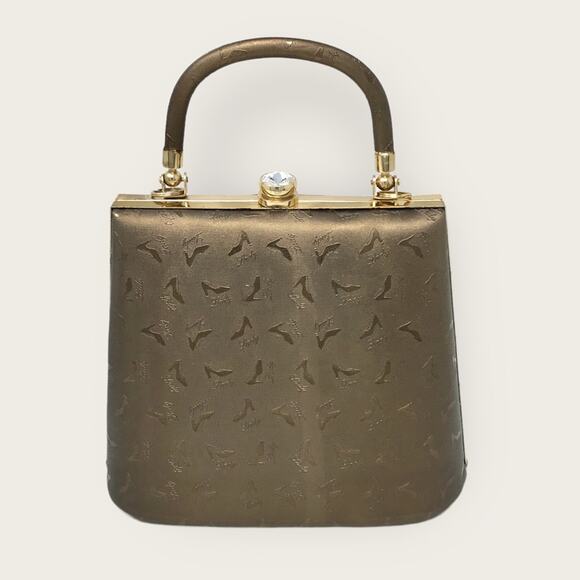 Vintage Shoe Lady Print Crossbody or Clutch Mini Purse Embossed Bronze - Picture 9 of 10